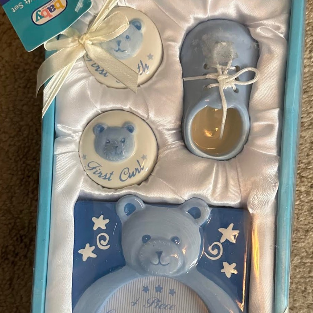Baby Connection Ceramic 4 PC Baby Boy Tooth, Curl,  Frame and Shoe New Set - Picture 4 of 7